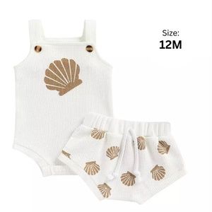 2PC SET | SHELL PRINT KNITTED COTTON BABY GIRL MATCHING SHORT SET | 12M